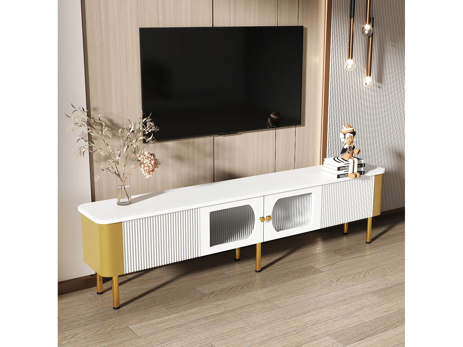 TV-Schrank mit 2 Türen und 2 Schubladen – 170 x 34 x 50 cm – MDF-Holz – goldene Griffe und Füße – Weiß