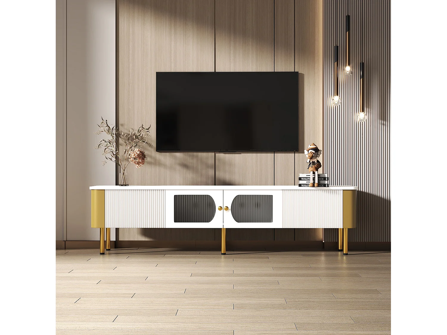 TV-Schrank mit 2 Türen und 2 Schubladen – 170 x 34 x 50 cm – MDF-Holz – goldene Griffe und Füße – Weiß