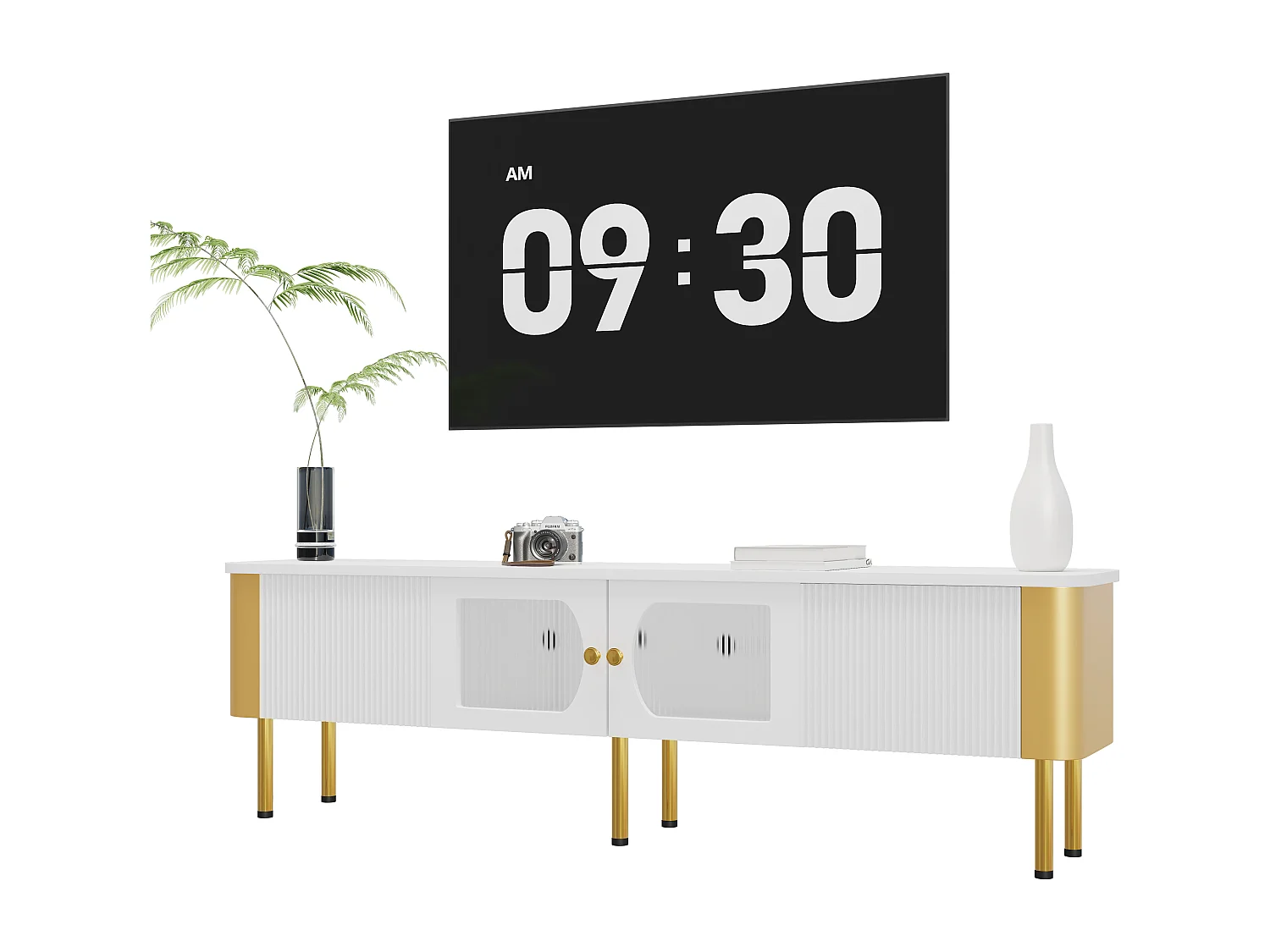 TV-Schrank mit 2 Türen und 2 Schubladen – 170 x 34 x 50 cm – MDF-Holz – goldene Griffe und Füße – Weiß