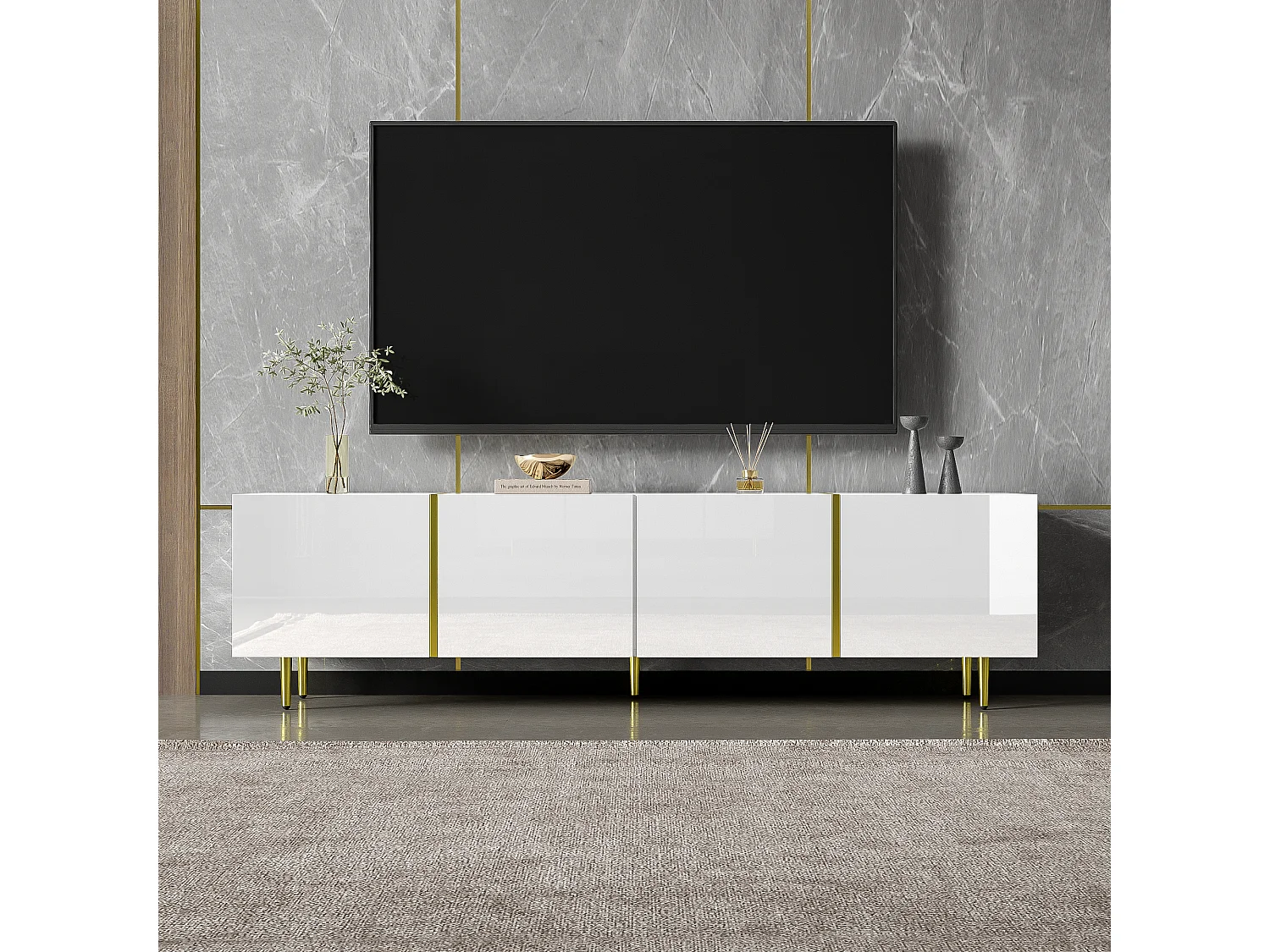Modern TV-meubel met 4 deuren - 170 x 35 x 46 cm - MDF hout - Glanzend wit en goud