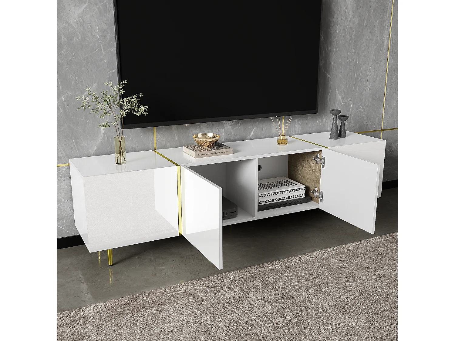 Modern TV-meubel met 4 deuren - 170 x 35 x 46 cm - MDF hout - Glanzend wit en goud