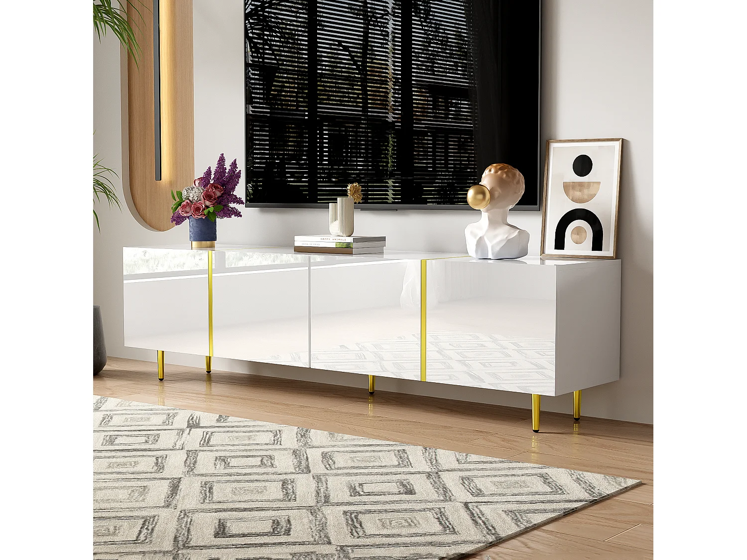 Meuble TV moderne avec 4 portes - 170 x 35 x 46 cm - Bois MDF - Blanc brillant et or