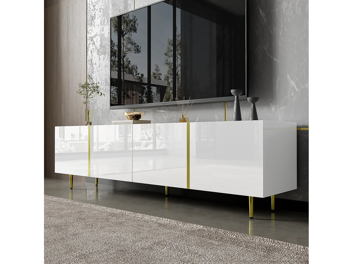 Meuble TV moderne avec 4 portes - 170 x 35 x 46 cm - Bois MDF - Blanc brillant et or