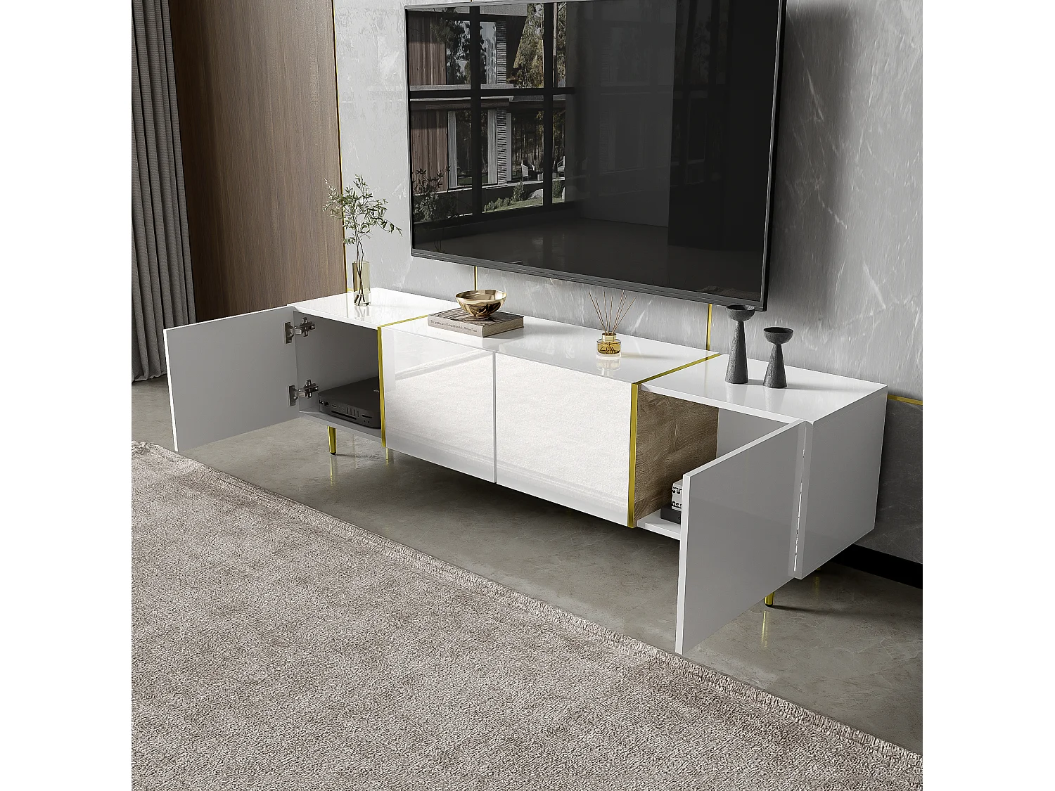 Meuble TV moderne avec 4 portes - 170 x 35 x 46 cm - Bois MDF - Blanc brillant et or