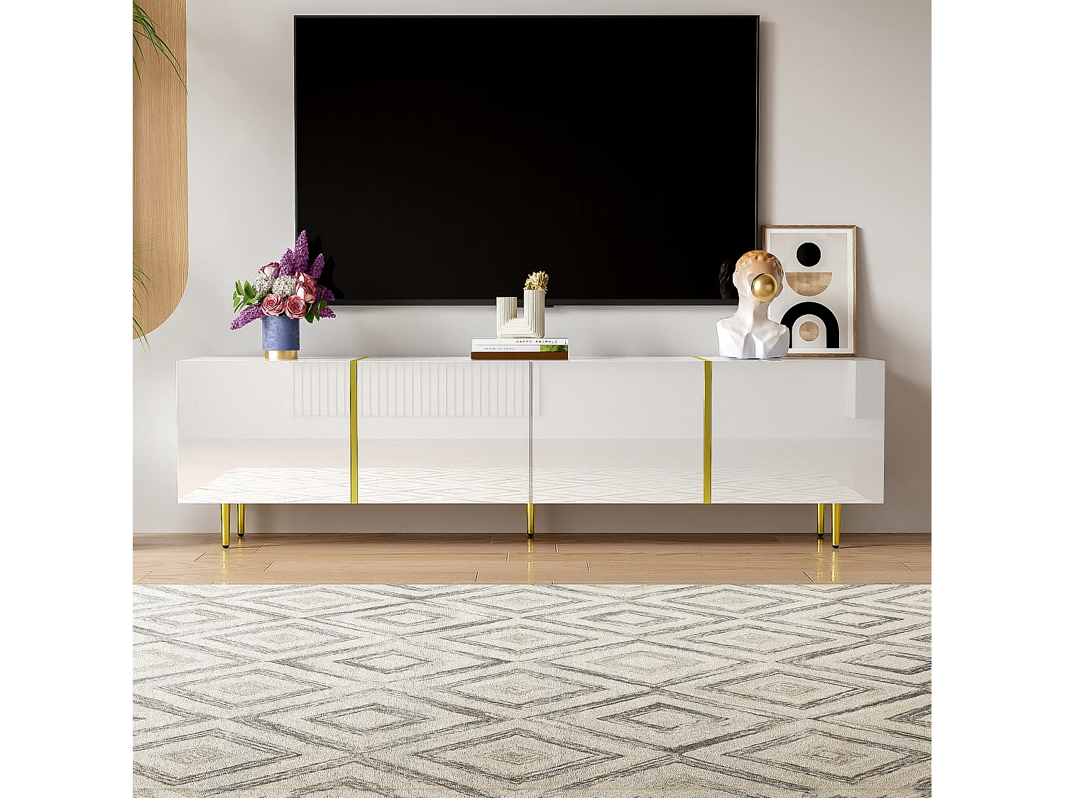Modern TV-meubel met 4 deuren - 170 x 35 x 46 cm - MDF hout - Glanzend wit en goud