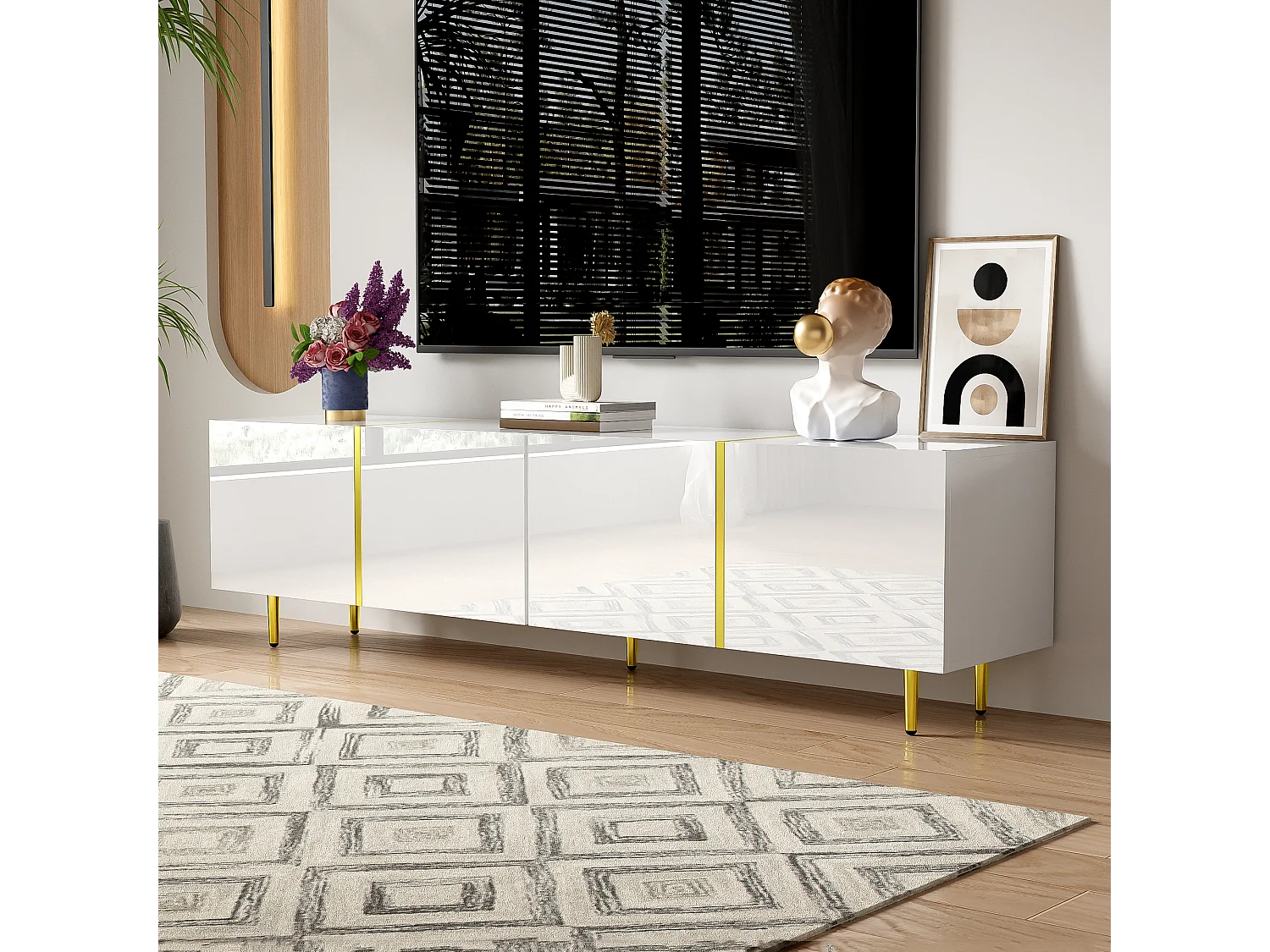 Modern TV-meubel met 4 deuren - 170 x 35 x 46 cm - MDF hout - Glanzend wit en goud