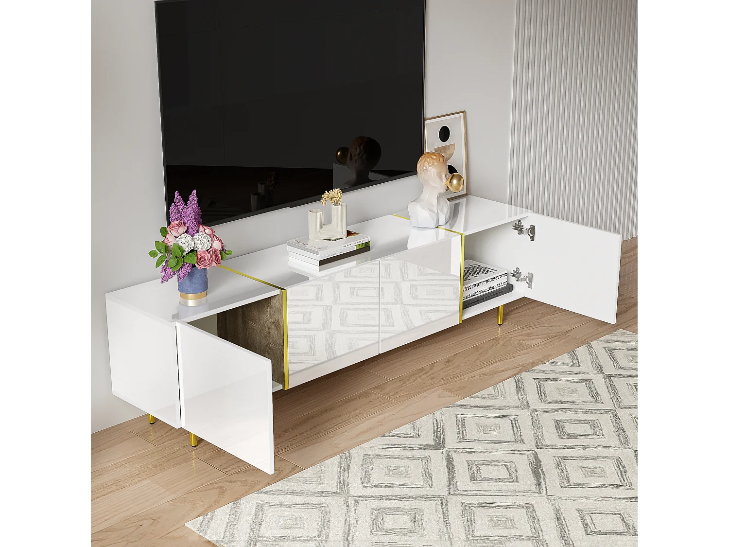 Modern TV-meubel met 4 deuren - 170 x 35 x 46 cm - MDF hout - Glanzend wit en goud