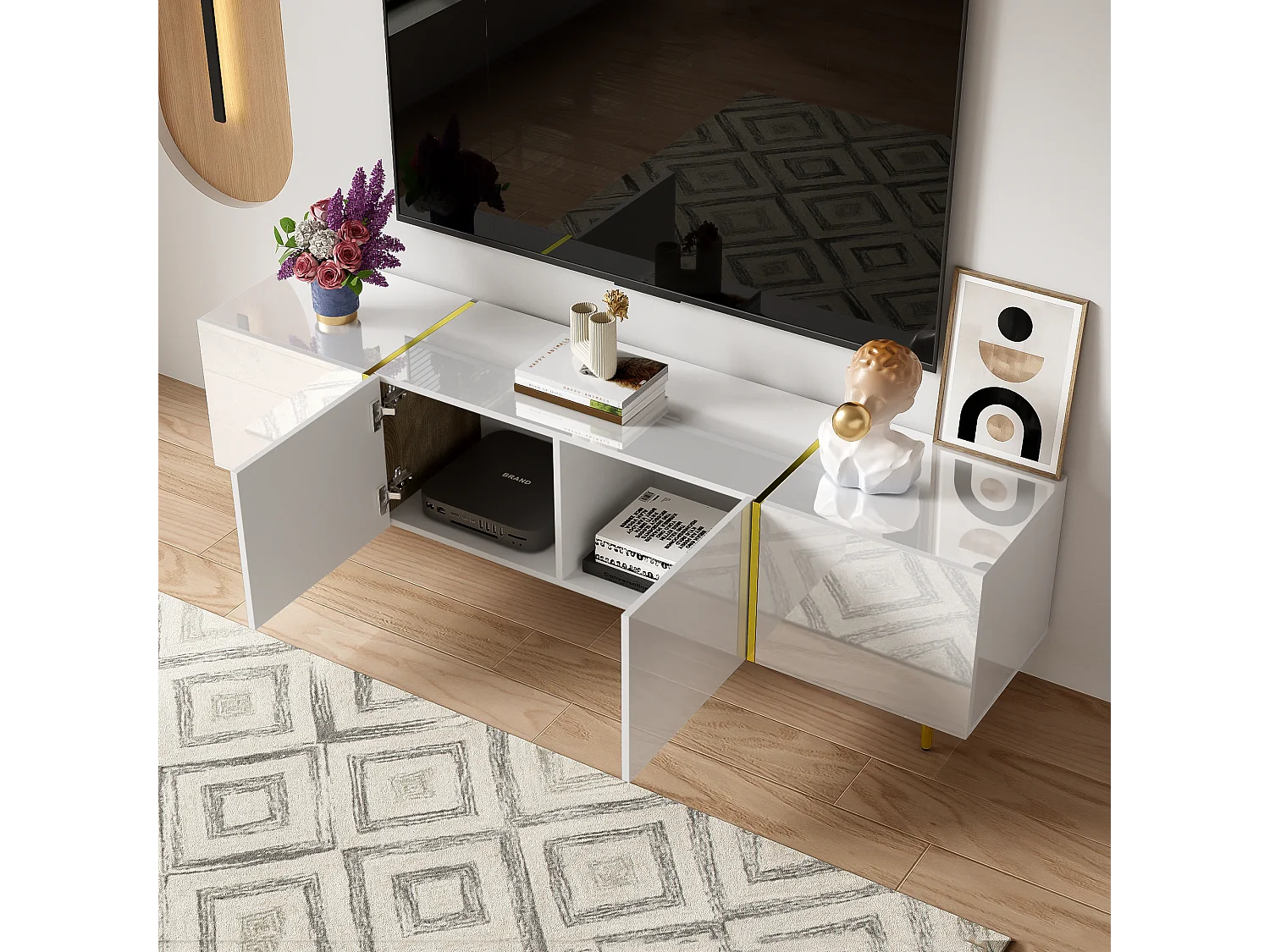 Modern TV-meubel met 4 deuren - 170 x 35 x 46 cm - MDF hout - Glanzend wit en goud