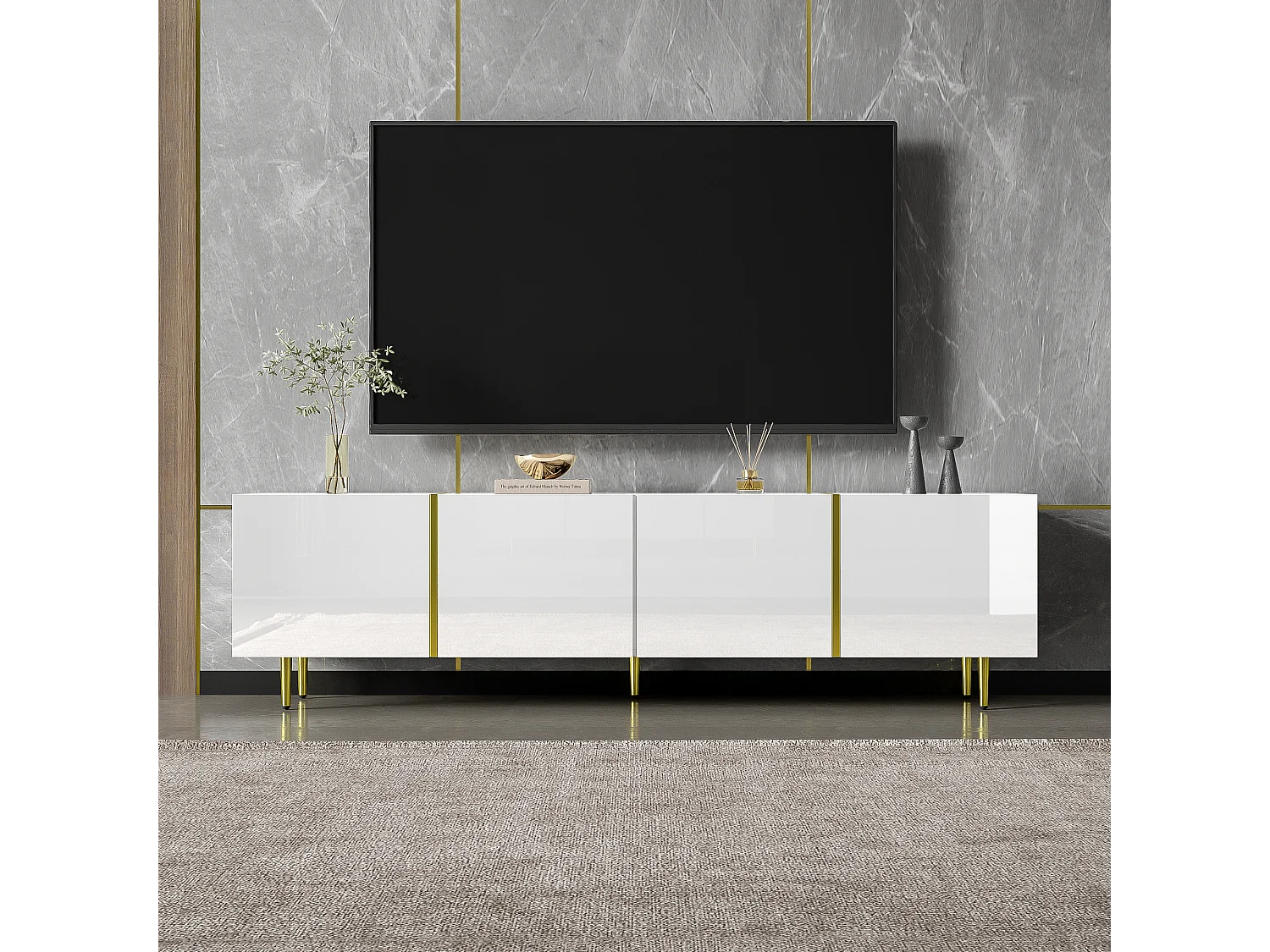 Modern TV-meubel met 4 deuren - 170 x 35 x 46 cm - MDF hout - Glanzend wit en goud