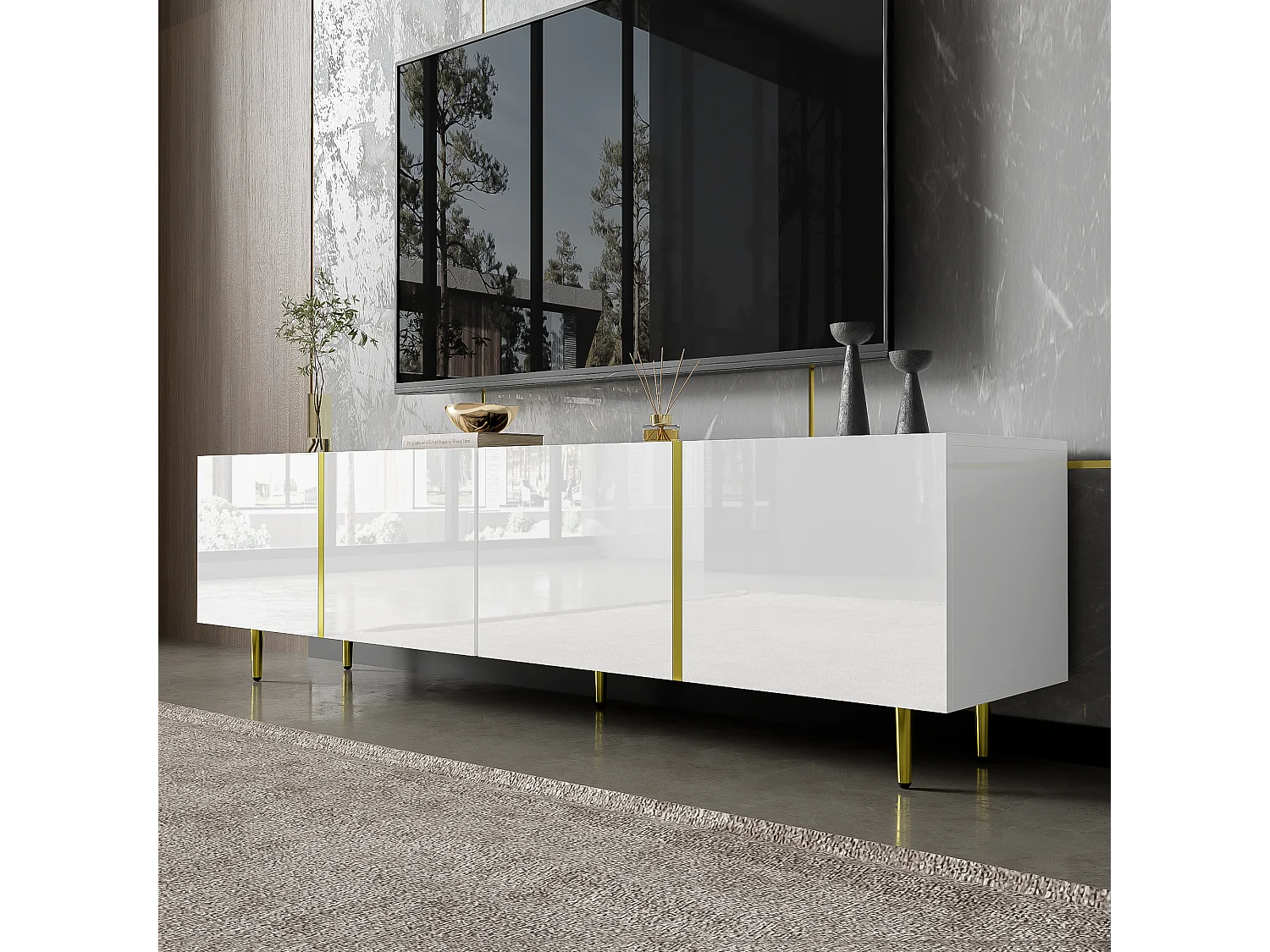 Modern TV-meubel met 4 deuren - 170 x 35 x 46 cm - MDF hout - Glanzend wit en goud