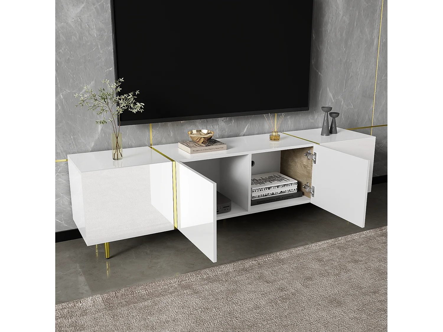 Modern TV-meubel met 4 deuren - 170 x 35 x 46 cm - MDF hout - Glanzend wit en goud
