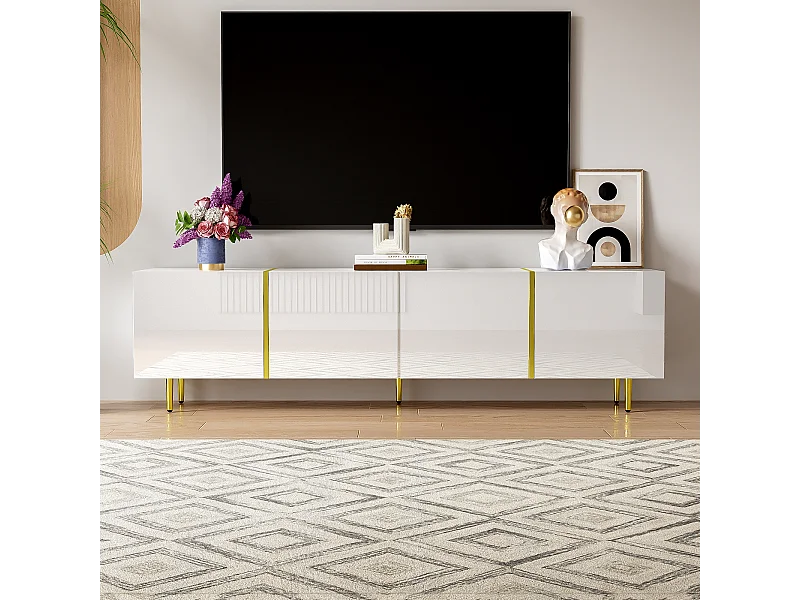 Mobile TV moderno con 4 ante - 170 x 35 x 46 cm - Legno MDF - Bianco lucido e oro