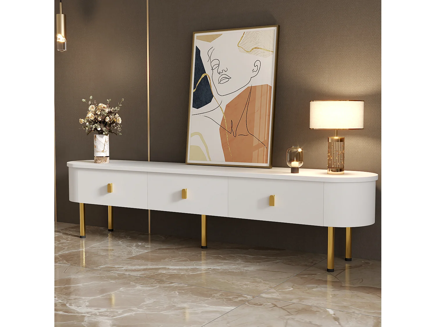 Meuble TV moderne avec 3 tiroirs - 174 x 35 x 41 cm - MDF et pieds en métal - Blanc + or