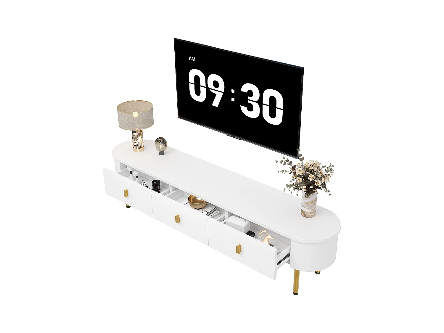 Meuble TV moderne avec 3 tiroirs - 174 x 35 x 41 cm - MDF et pieds en métal - Blanc + or