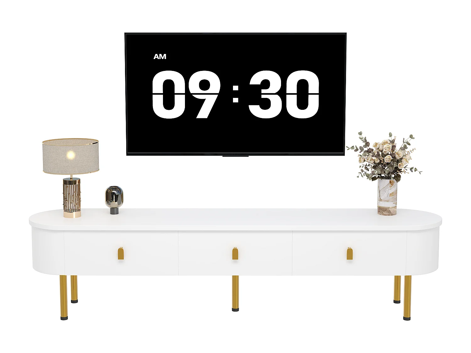 Moderner TV-Schrank mit 3 Schubladen – 174 x 35 x 41 cm – MDF und Metallbeine – Weiß + Gold