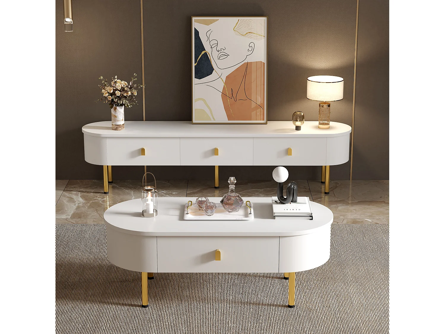 Moderner TV-Schrank mit 3 Schubladen – 174 x 35 x 41 cm – MDF und Metallbeine – Weiß + Gold