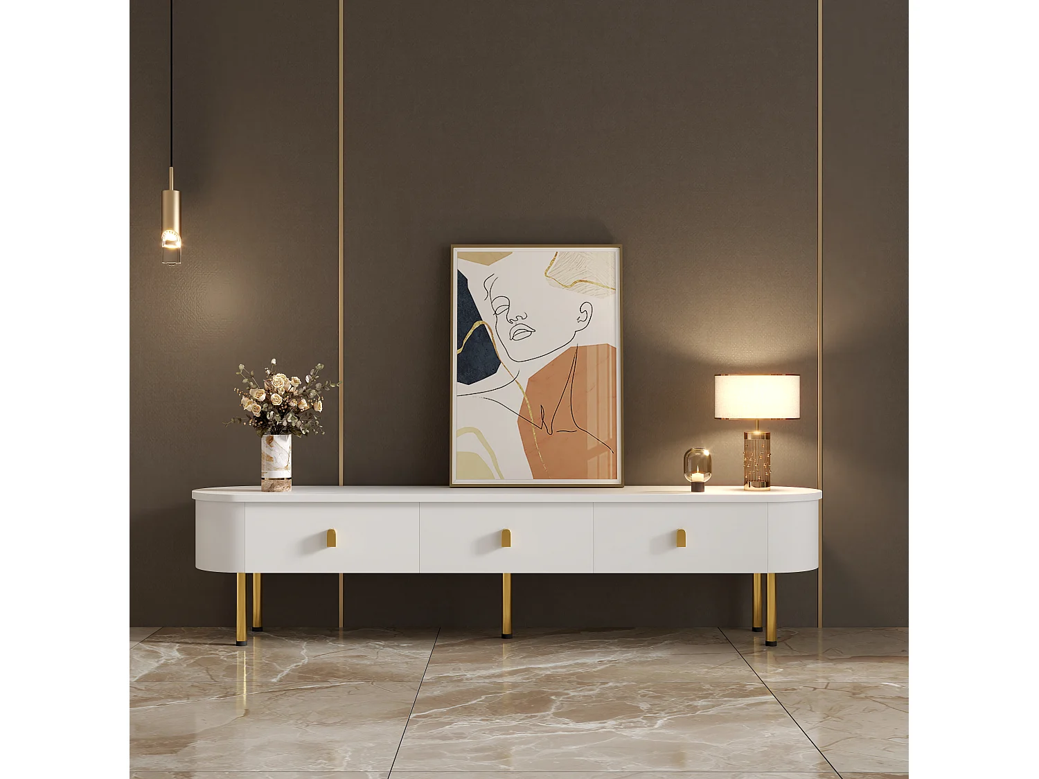 Moderner TV-Schrank mit 3 Schubladen – 174 x 35 x 41 cm – MDF und Metallbeine – Weiß + Gold