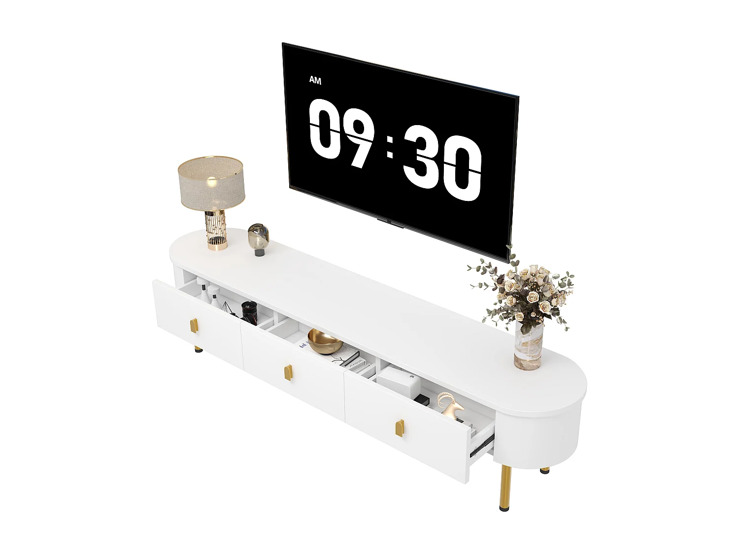 Moderner TV-Schrank mit 3 Schubladen – 174 x 35 x 41 cm – MDF und Metallbeine – Weiß + Gold