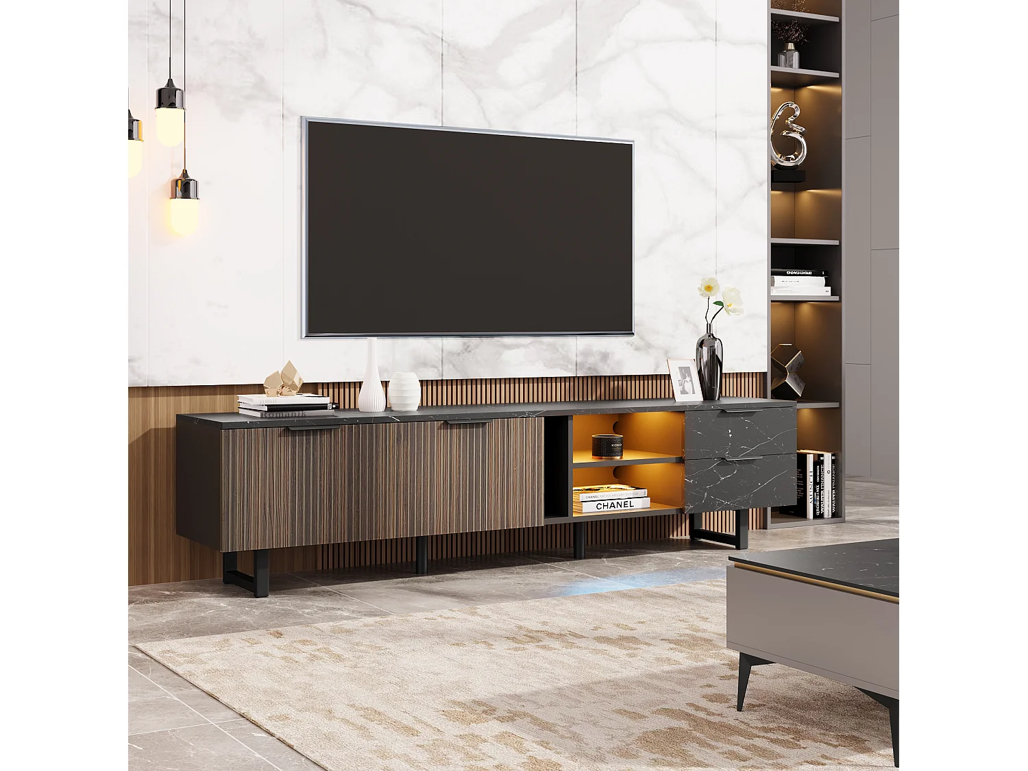 TV-Schrank mit 2 Türen, 2 Schubladen und 2 Nischen – 200 x 38 x 50 cm – LEDs – MDF-Holz – Schwarz + Holz