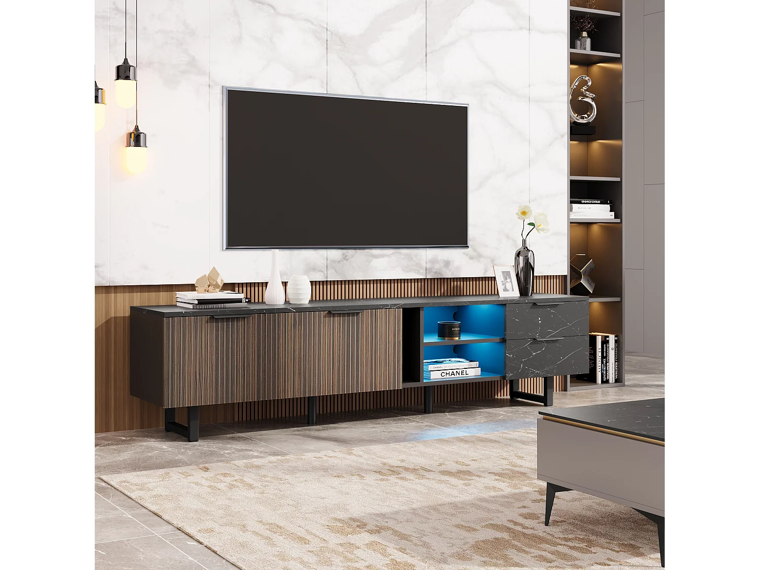 Meuble TV avec 2 portes, 2 tiroirs et 2 niches - 200 x 38 x 50 cm - LEDs - Bois MDF - Noir + bois
