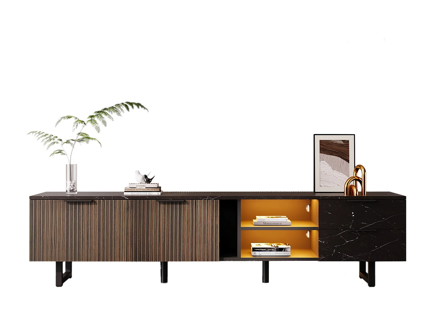 Meuble TV avec 2 portes, 2 tiroirs et 2 niches - 200 x 38 x 50 cm - LEDs - Bois MDF - Noir + bois