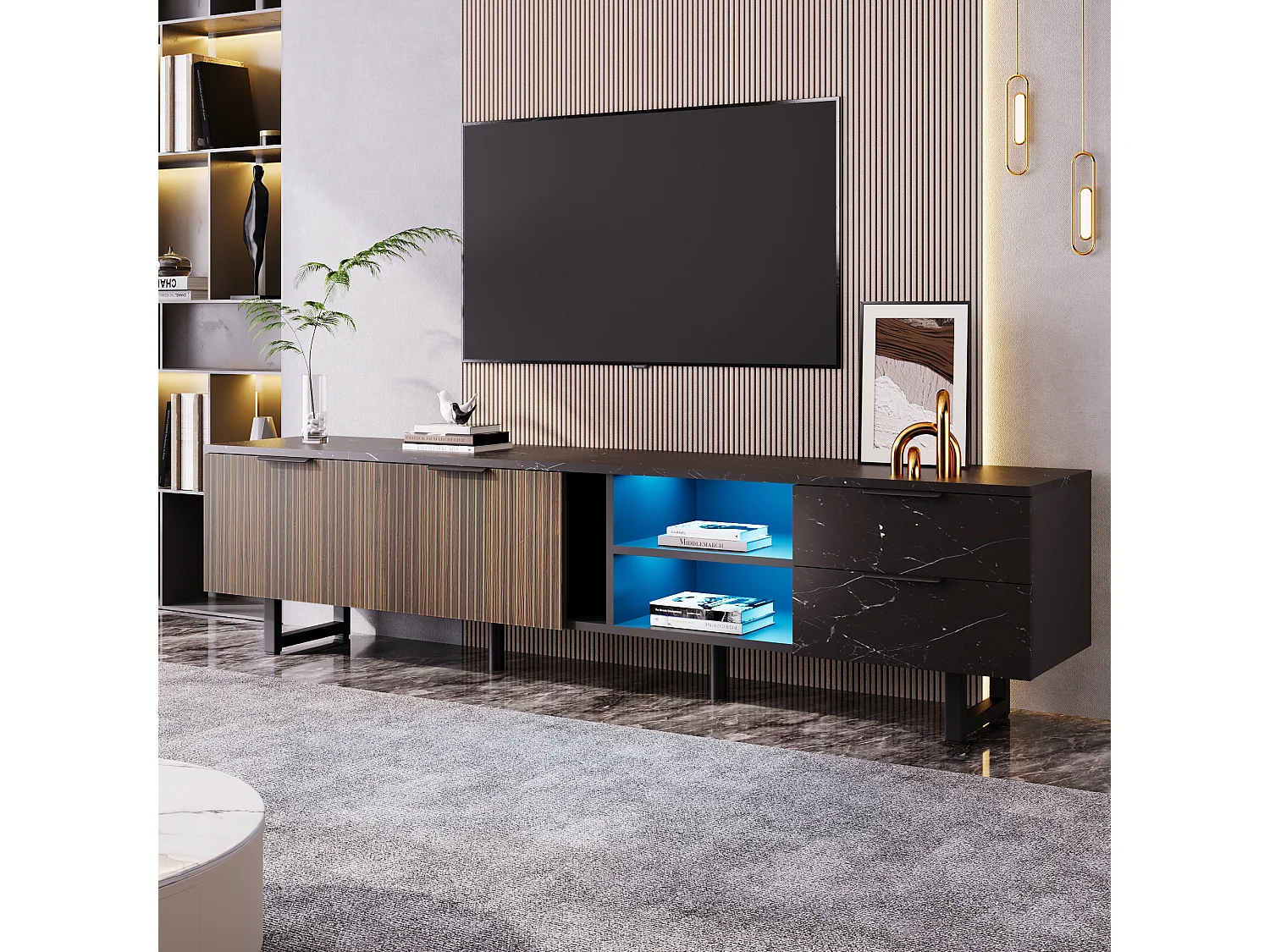 Meuble TV avec 2 portes, 2 tiroirs et 2 niches - 200 x 38 x 50 cm - LEDs - Bois MDF - Noir + bois