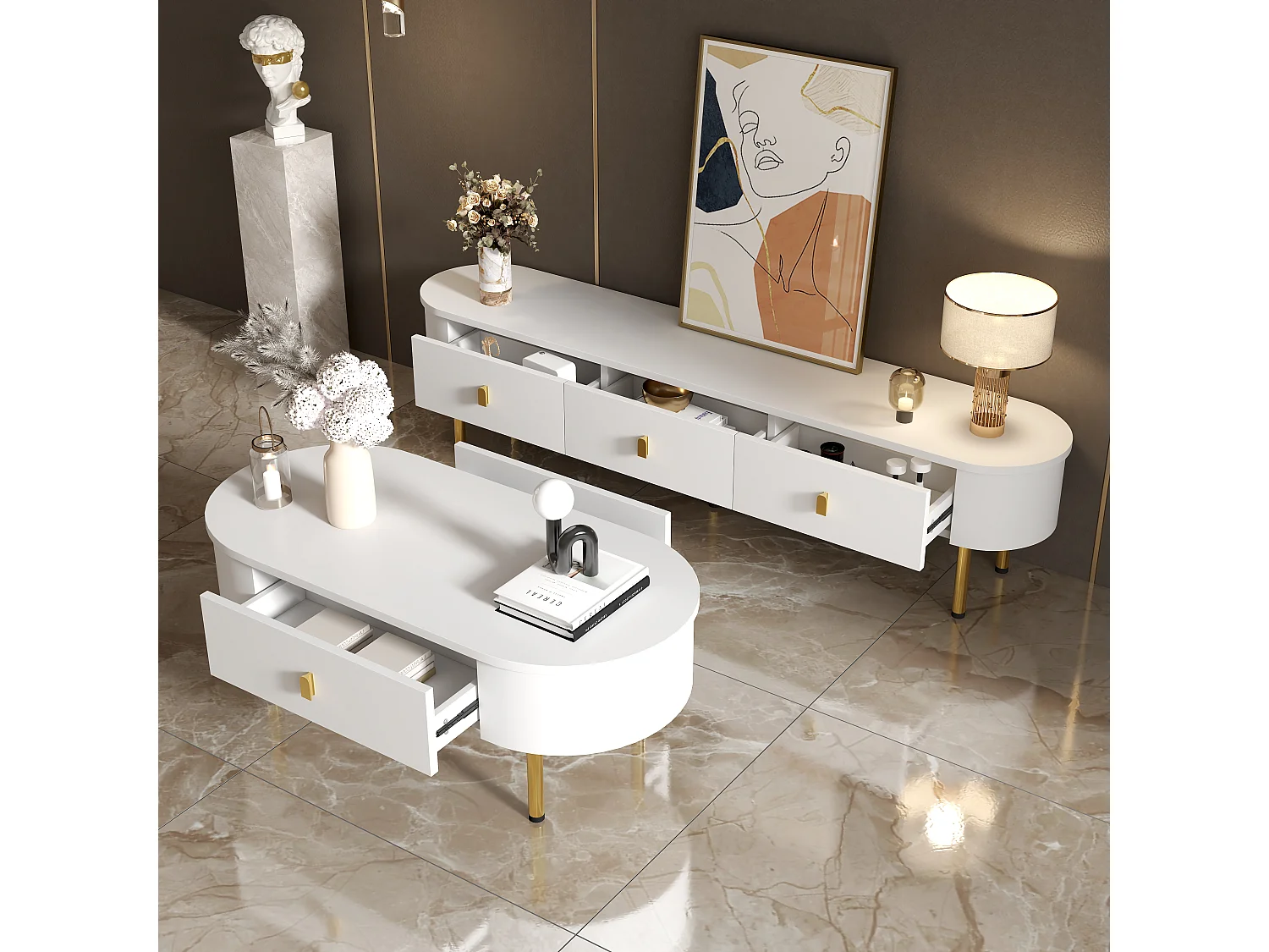 Conjunto moderno de armário de TV e mesa de centro - 174 x 35 x 41 cm + 108 x 50 x 40 cm - Madeira MDF e pés dourados - Branco