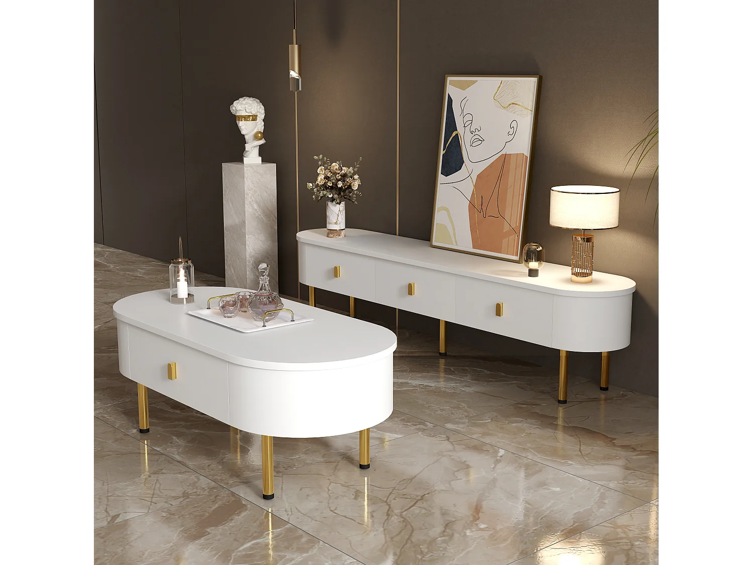 Conjunto moderno de armário de TV e mesa de centro - 174 x 35 x 41 cm + 108 x 50 x 40 cm - Madeira MDF e pés dourados - Branco