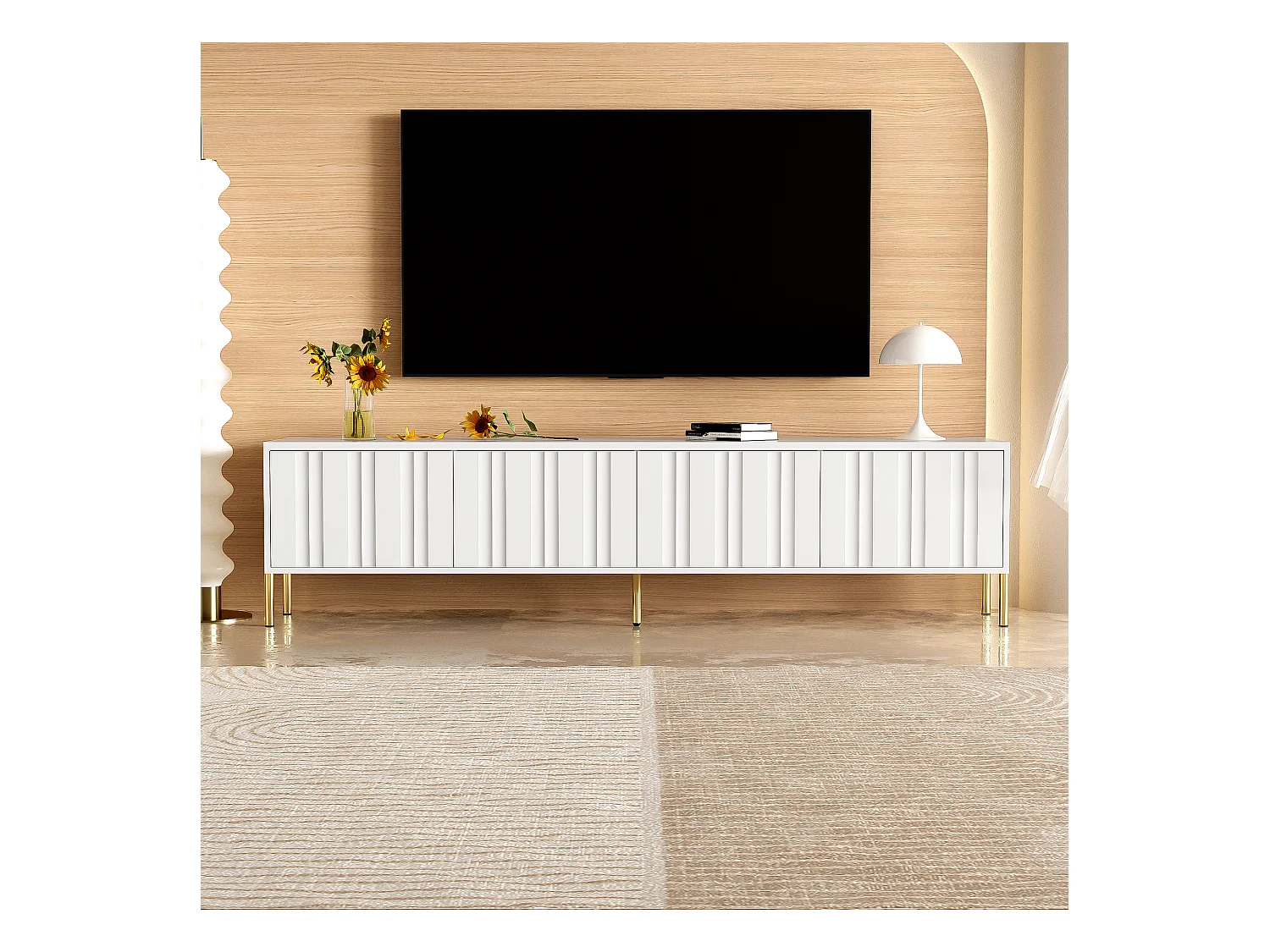 Meuble TV avec 4 portes - 170 x 38 x 48 cm - Bois MDF et panneaux de particules - Blanc