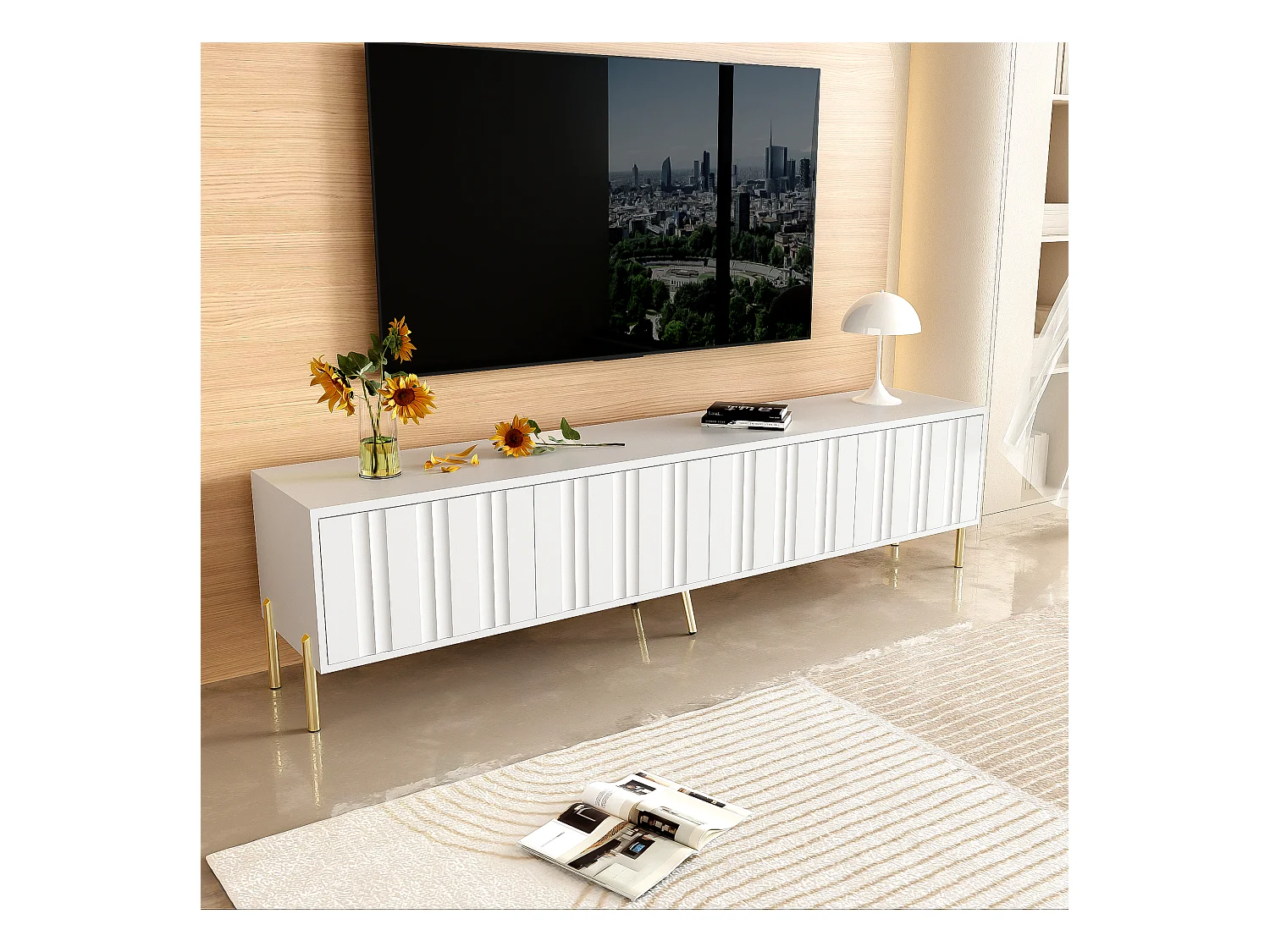 Meuble TV avec 4 portes - 170 x 38 x 48 cm - Bois MDF et panneaux de particules - Blanc