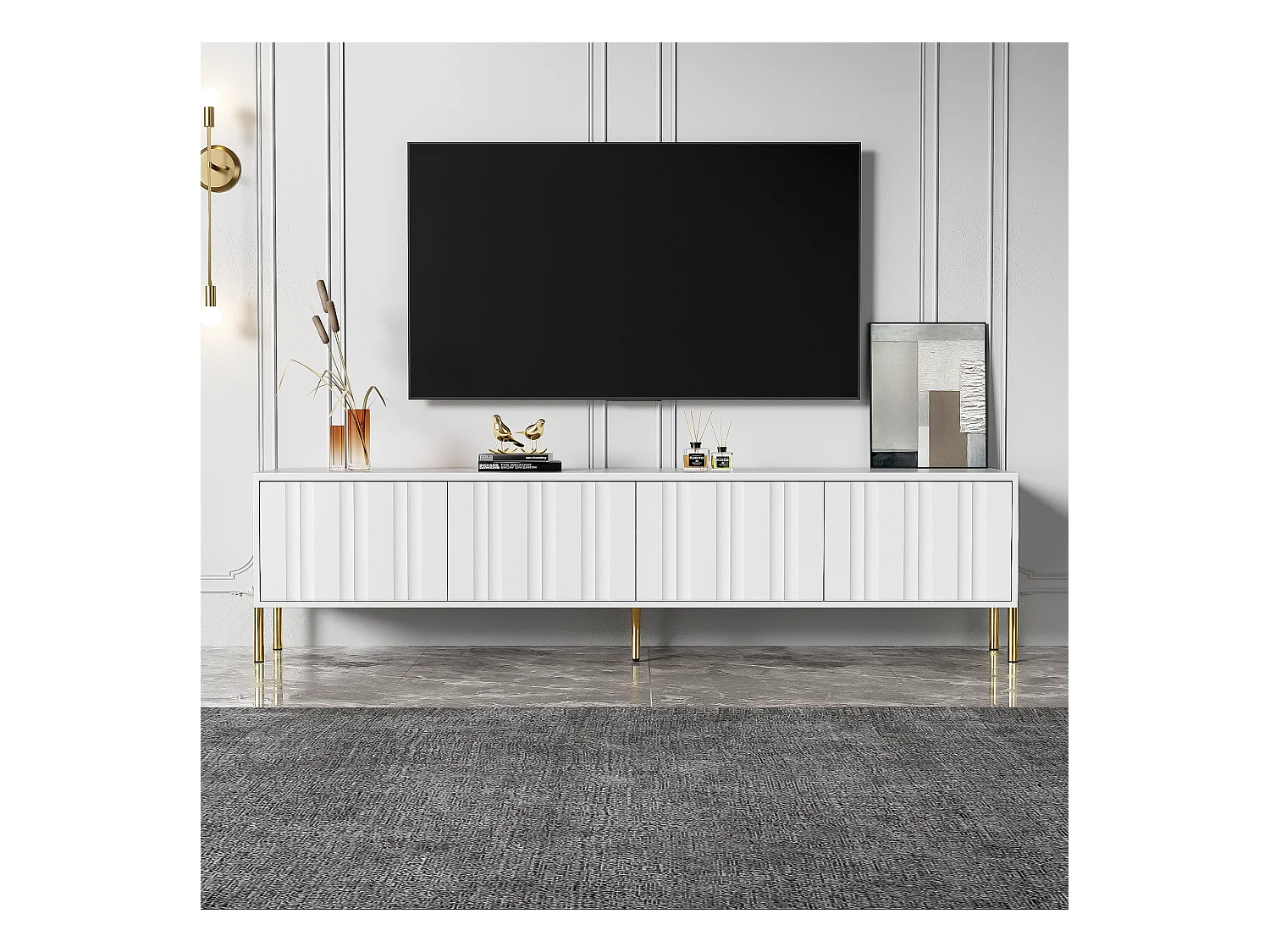 Meuble TV avec 4 portes - 170 x 38 x 48 cm - Bois MDF et panneaux de particules - Blanc