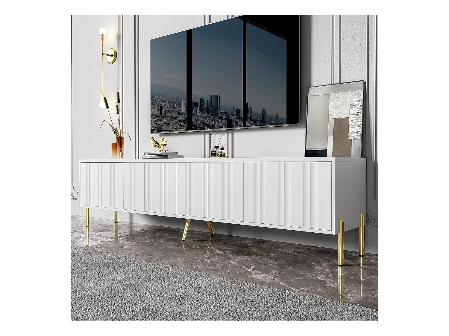 Meuble TV avec 4 portes - 170 x 38 x 48 cm - Bois MDF et panneaux de particules - Blanc
