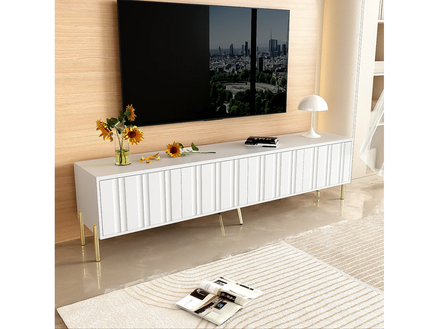 TV-Schrank mit 4 Türen – 170 x 38 x 48 cm – MDF-Holz und Spanplatte – Weiß