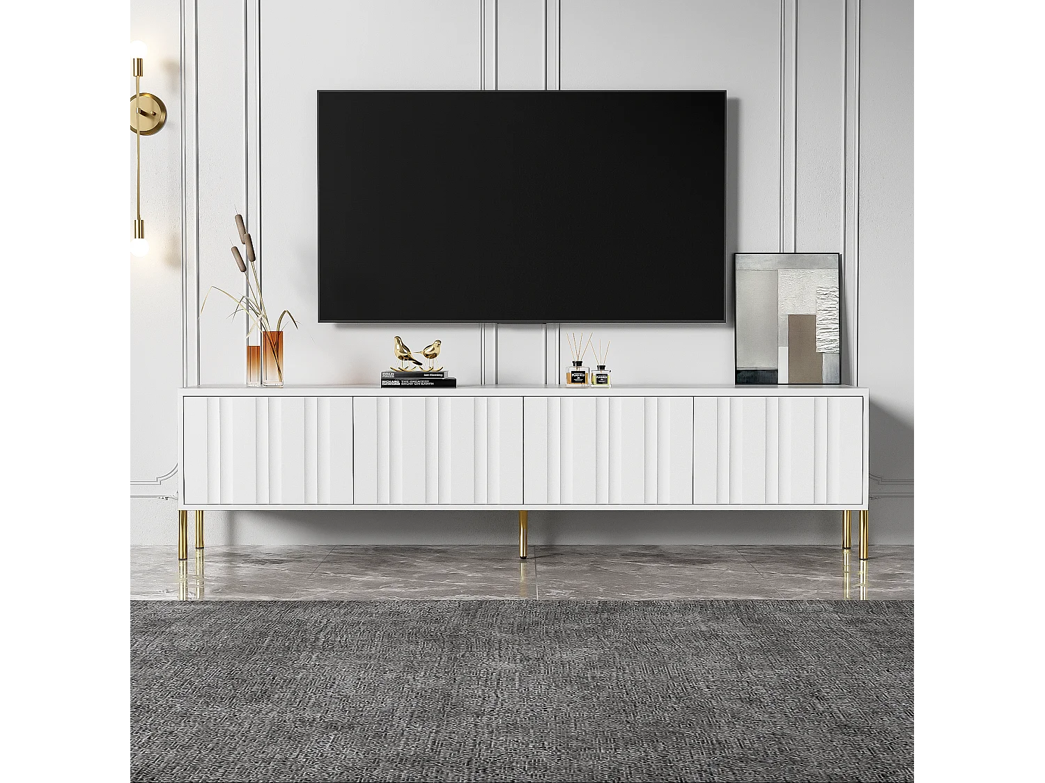 TV-Schrank mit 4 Türen – 170 x 38 x 48 cm – MDF-Holz und Spanplatte – Weiß