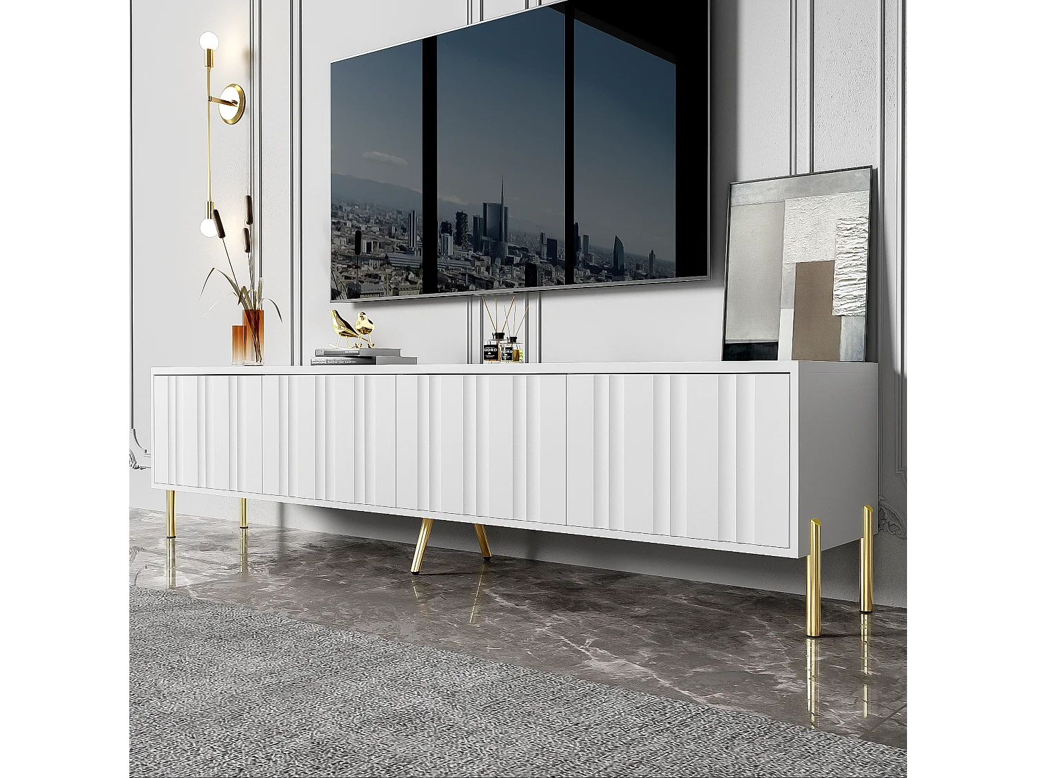 TV-Schrank mit 4 Türen – 170 x 38 x 48 cm – MDF-Holz und Spanplatte – Weiß