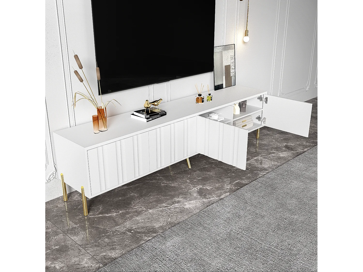 TV-Schrank mit 4 Türen – 170 x 38 x 48 cm – MDF-Holz und Spanplatte – Weiß