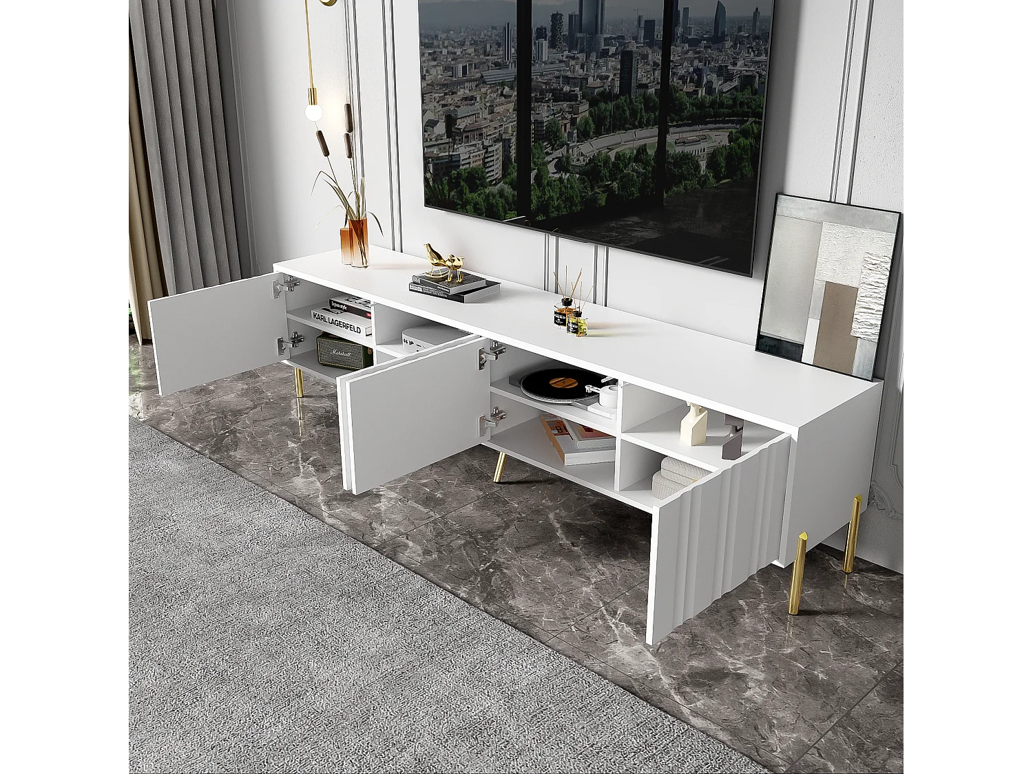 TV-Schrank mit 4 Türen – 170 x 38 x 48 cm – MDF-Holz und Spanplatte – Weiß