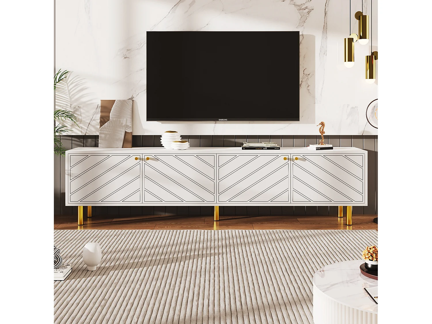 Meuble TV avec 4 portes - 170 x 38 x 50 cm - Bois MDF et métal dorés - Blanc