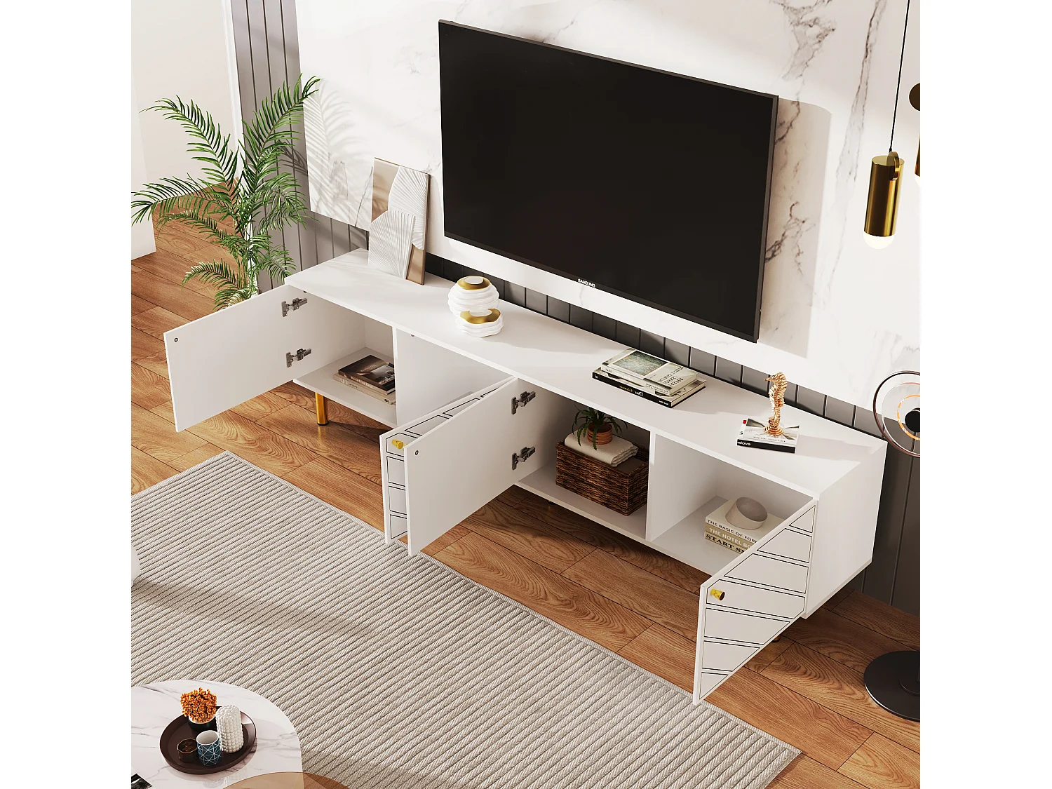 Meuble TV avec 4 portes - 170 x 38 x 50 cm - Bois MDF et métal dorés - Blanc