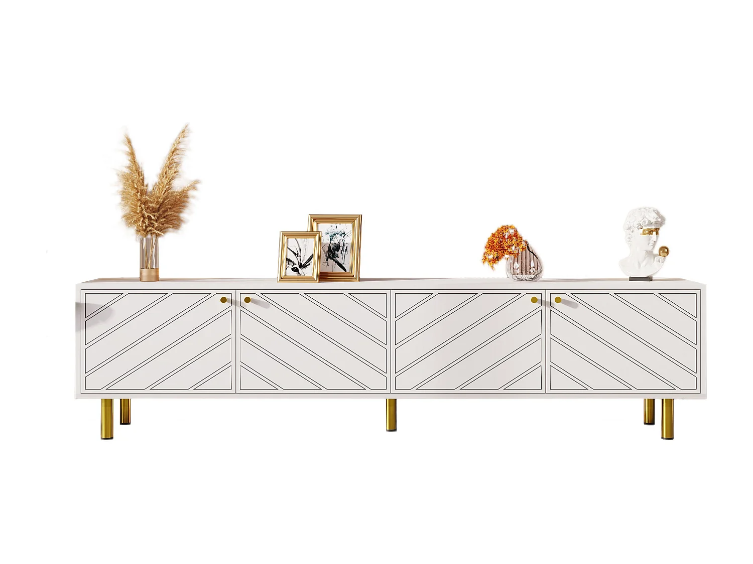 Meuble TV avec 4 portes - 170 x 38 x 50 cm - Bois MDF et métal dorés - Blanc