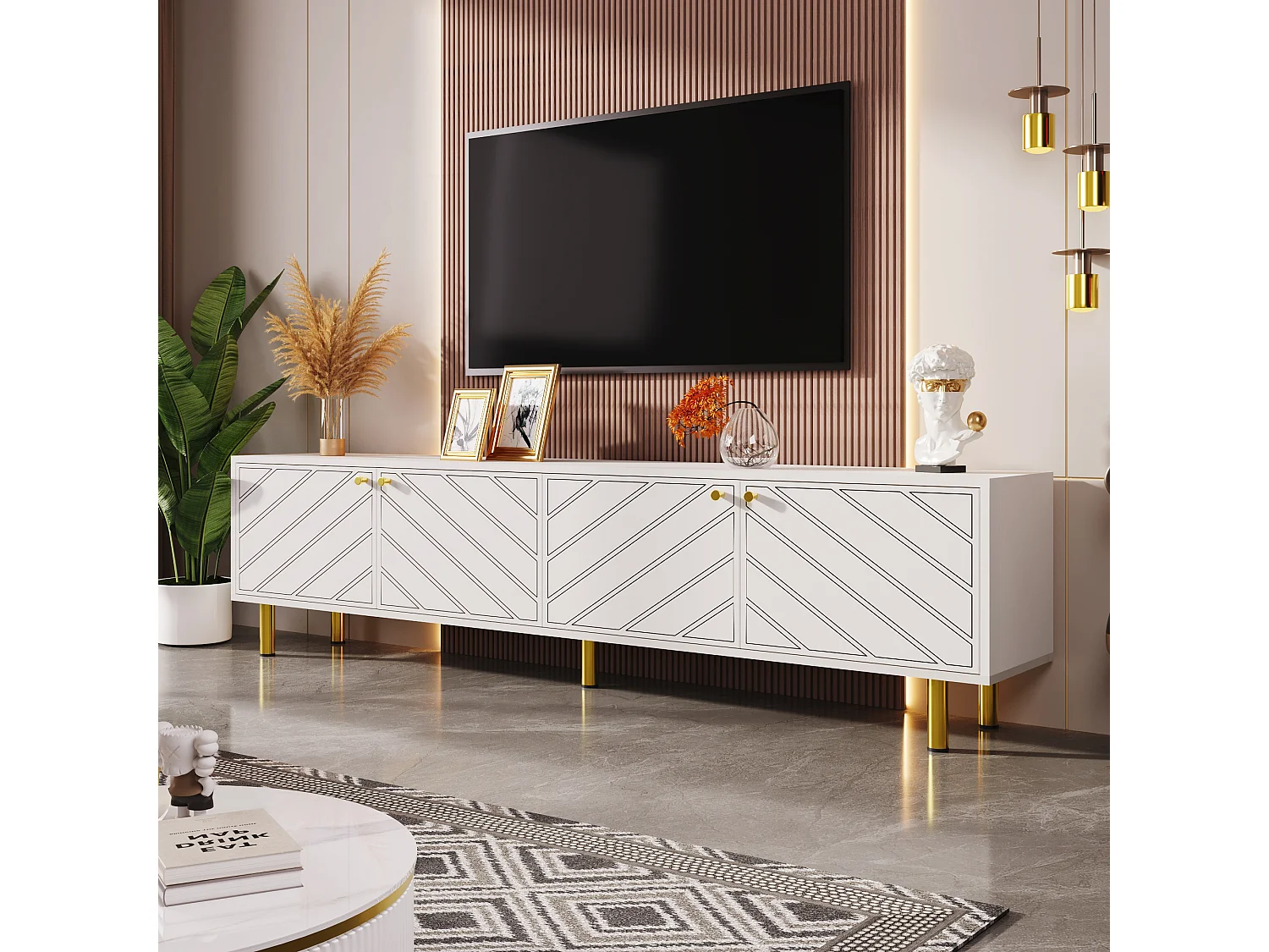 Meuble TV avec 4 portes - 170 x 38 x 50 cm - Bois MDF et métal dorés - Blanc