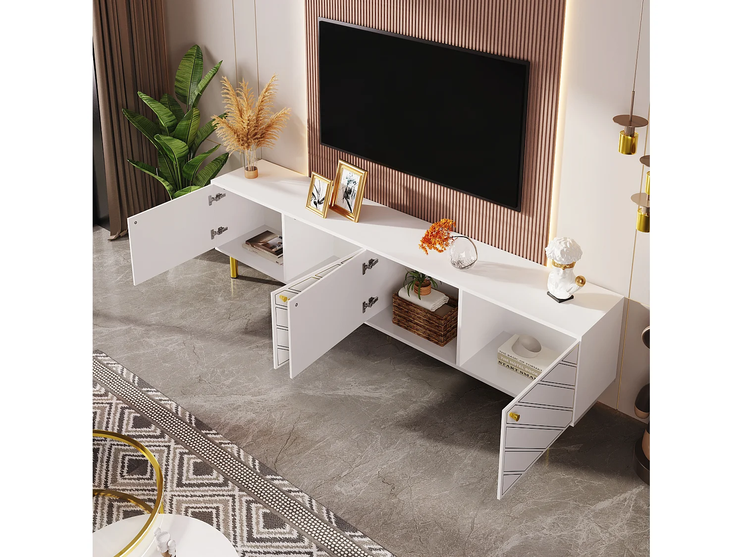 Meuble TV avec 4 portes - 170 x 38 x 50 cm - Bois MDF et métal dorés - Blanc