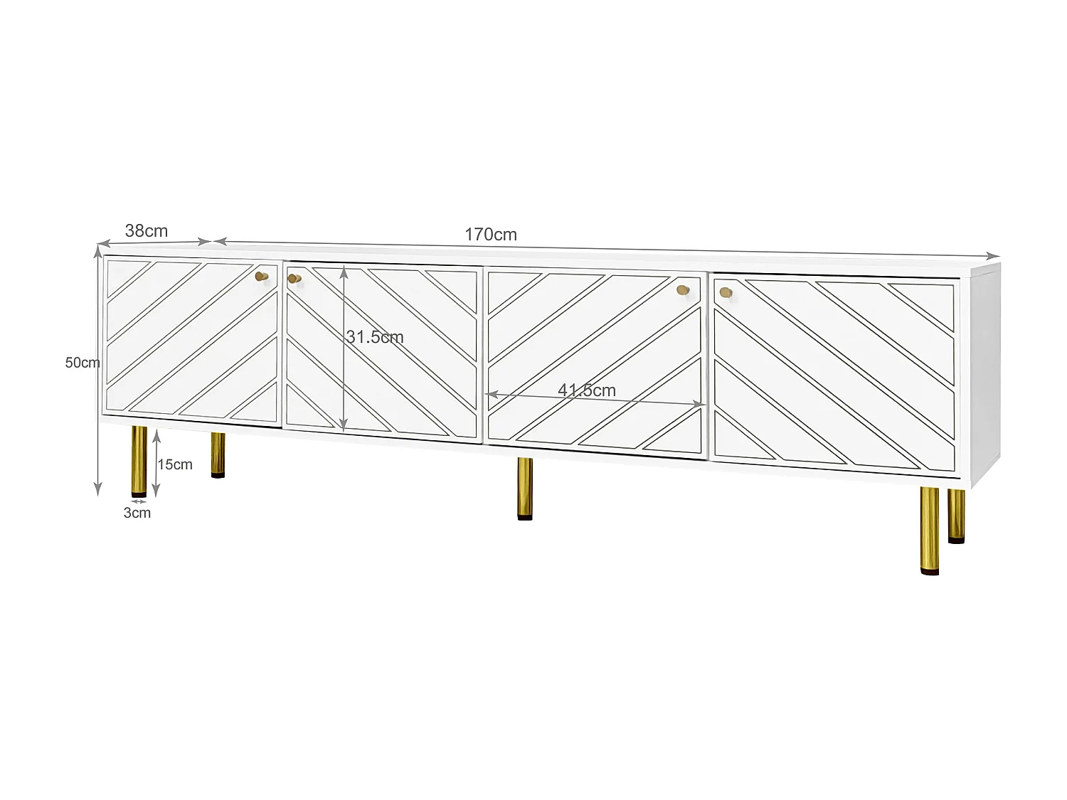 Meuble TV avec 4 portes - 170 x 38 x 50 cm - Bois MDF et métal dorés - Blanc