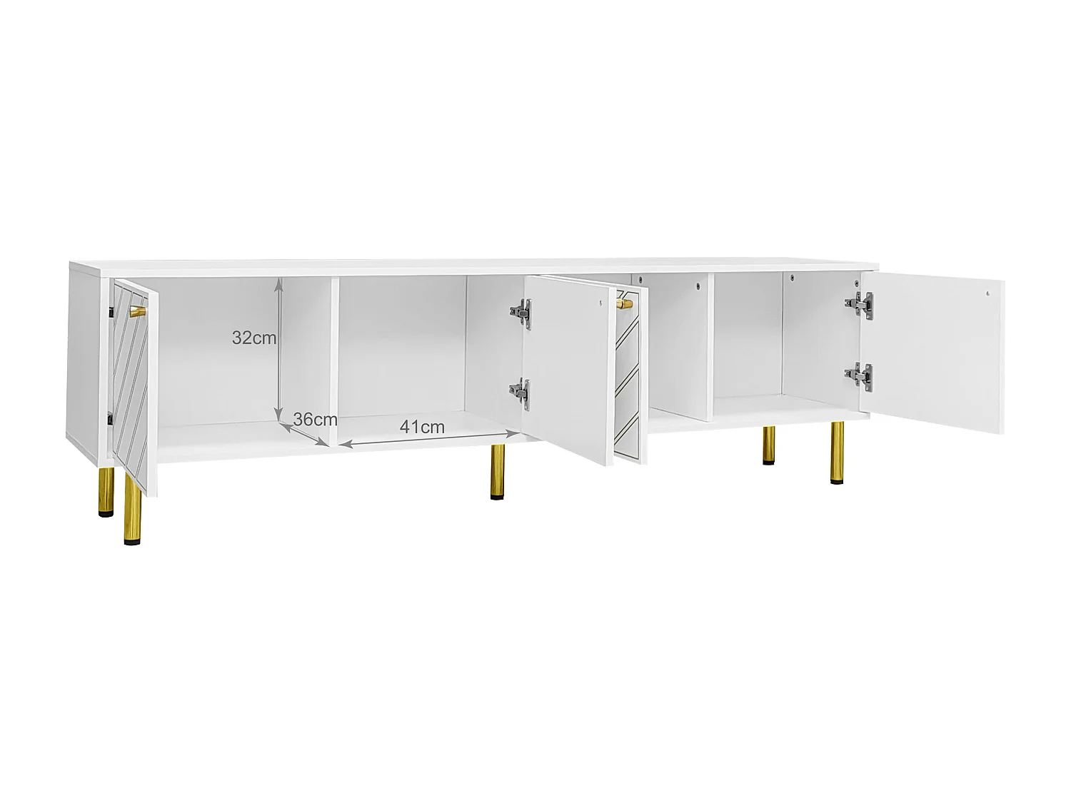 Meuble TV avec 4 portes - 170 x 38 x 50 cm - Bois MDF et métal dorés - Blanc