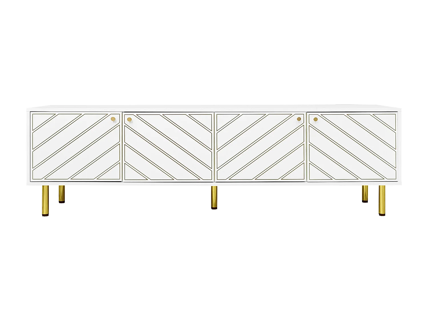 Meuble TV avec 4 portes - 170 x 38 x 50 cm - Bois MDF et métal dorés - Blanc