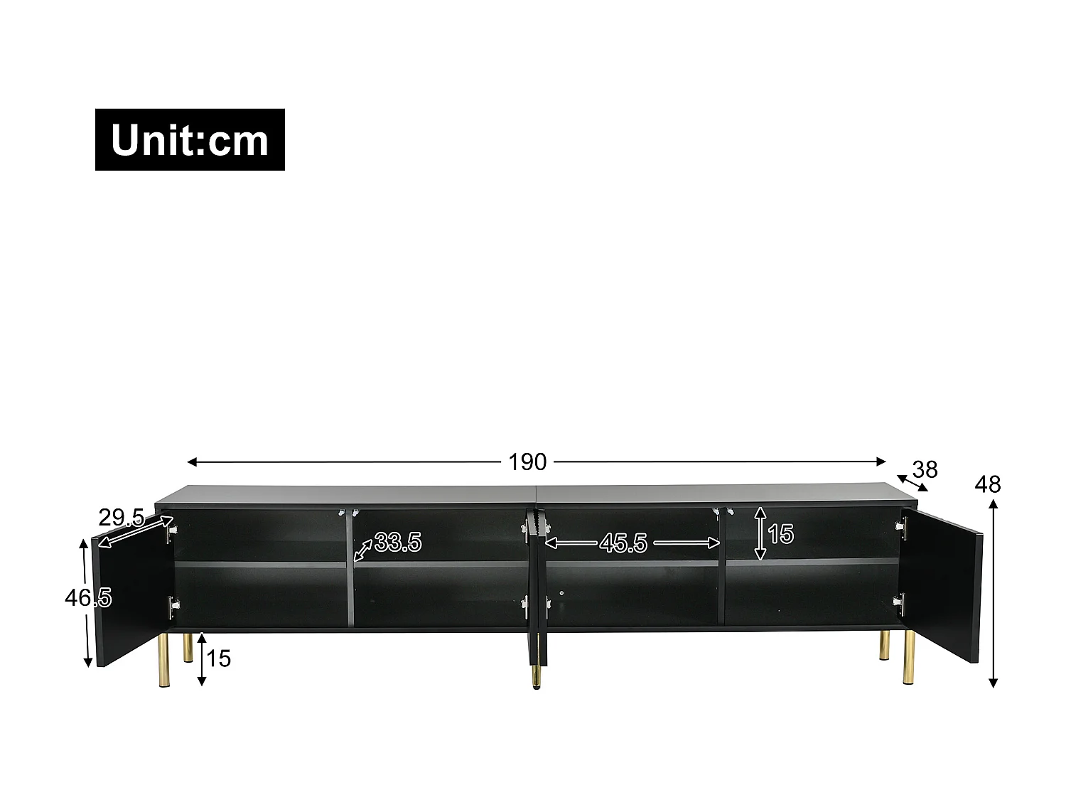 Meuble TV avec 4 portes - 190 x 38 x 48 cm - Bois MDF et panneaux de particules - Noir