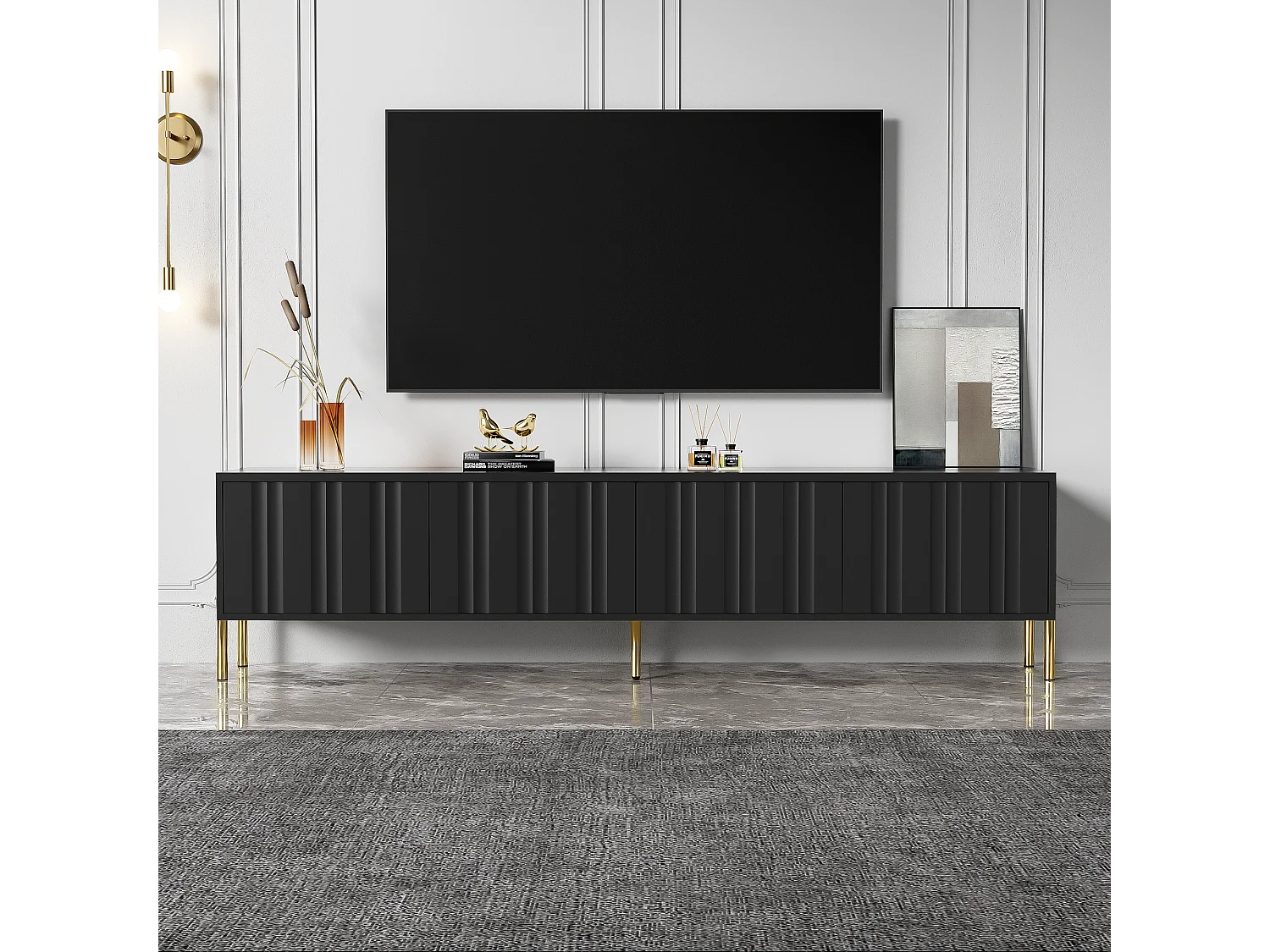 Meuble TV avec 4 portes - 190 x 38 x 48 cm - Bois MDF et panneaux de particules - Noir