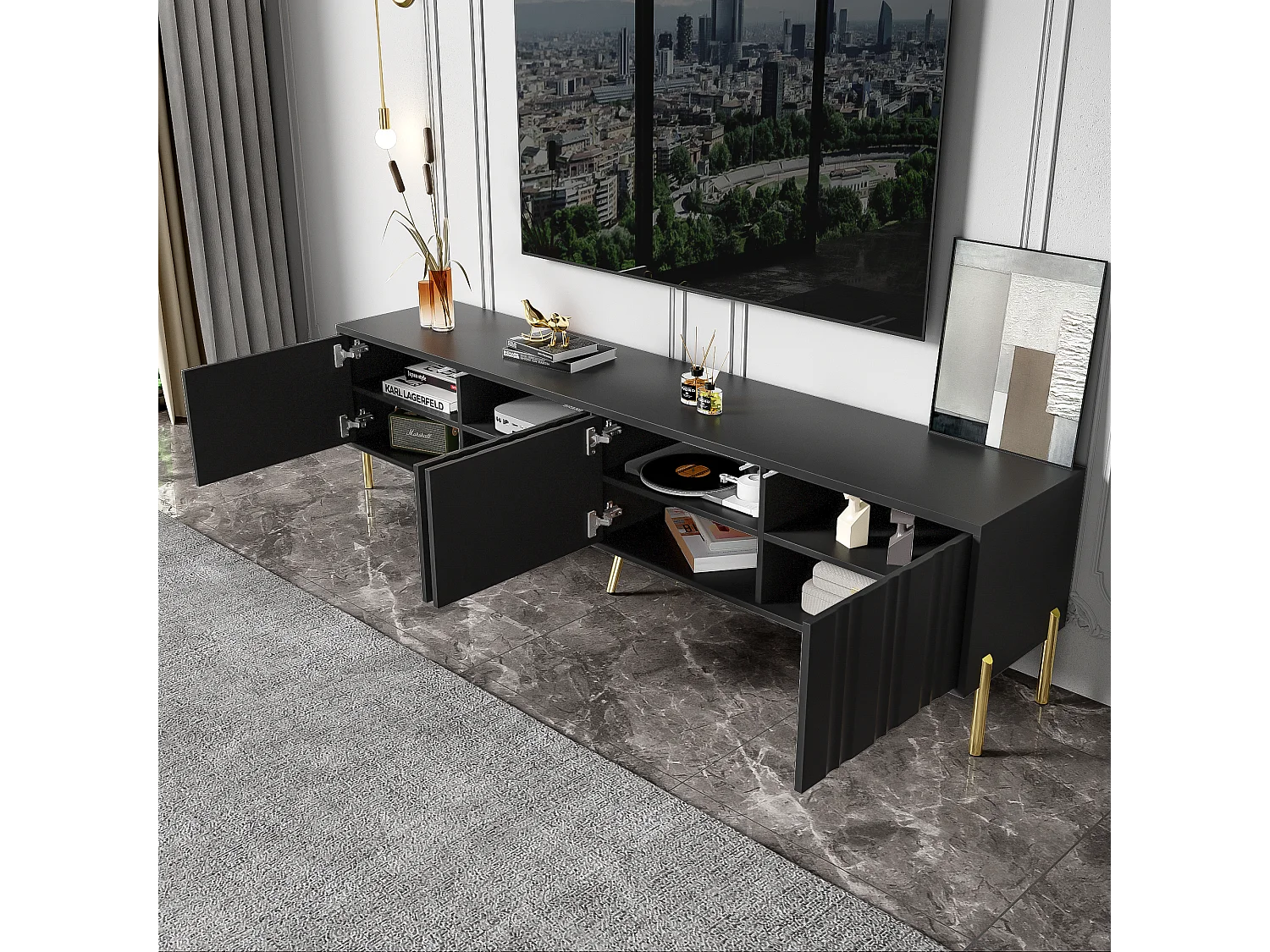 Meuble TV avec 4 portes - 190 x 38 x 48 cm - Bois MDF et panneaux de particules - Noir