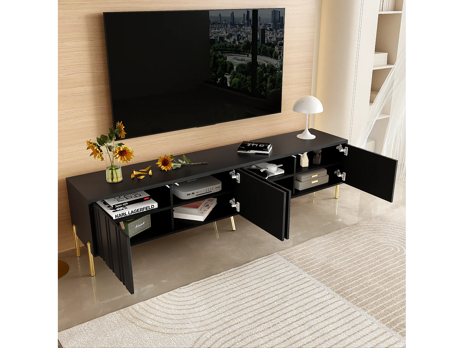 Meuble TV avec 4 portes - 190 x 38 x 48 cm - Bois MDF et panneaux de particules - Noir