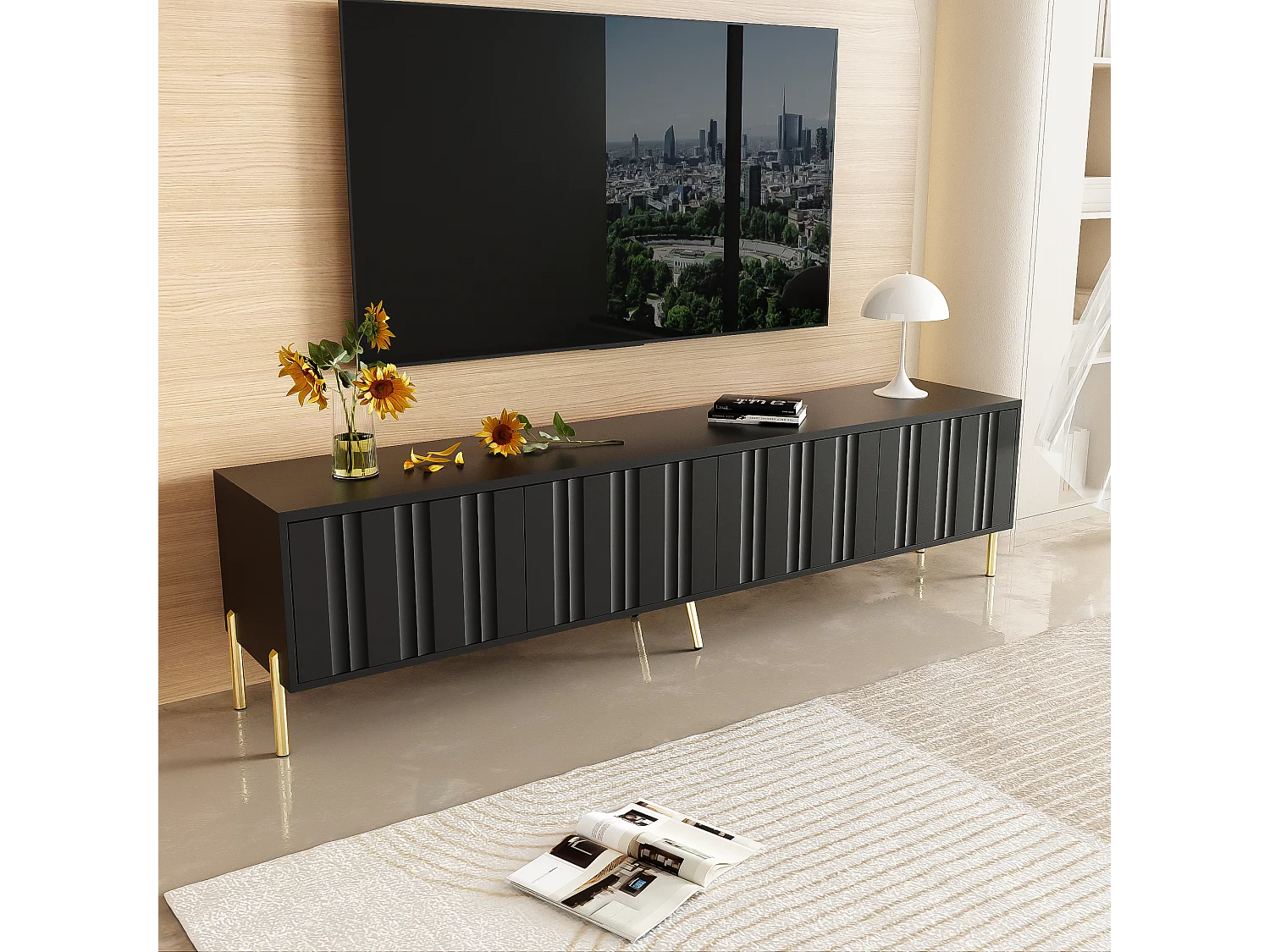 Meuble TV avec 4 portes - 190 x 38 x 48 cm - Bois MDF et panneaux de particules - Noir